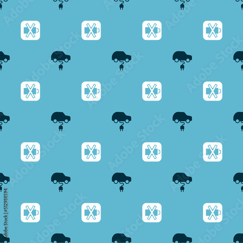Set Electric car and Low battery on seamless pattern. Vector