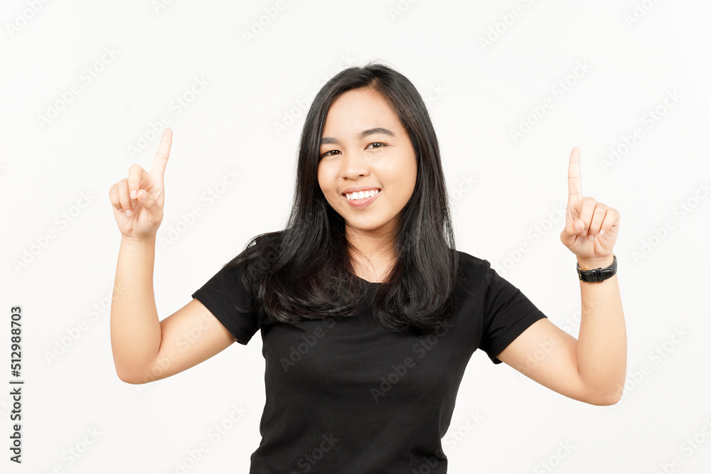 Showing Product and Pointing Up of Beautiful Asian Woman Isolated On White Background Showing Product and Pointing Up of Beautiful Asian Woman Isolated On White Background