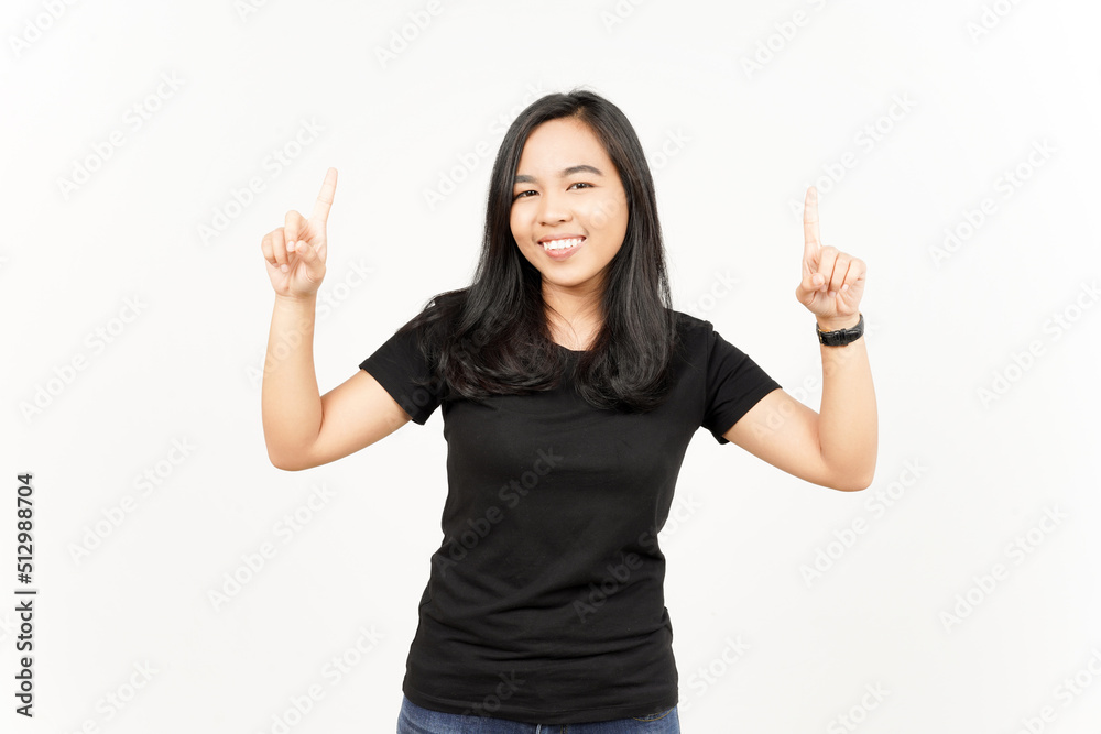 Showing Product and Pointing Up of Beautiful Asian Woman Isolated On White Background Showing Product and Pointing Up of Beautiful Asian Woman Isolated On White Background