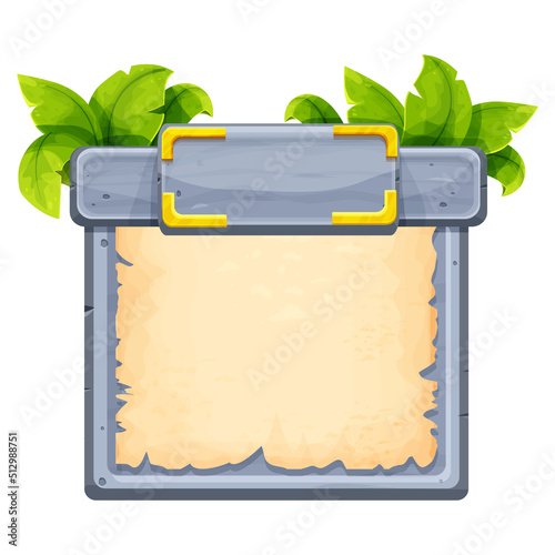 Stone jungle frame with parchment, menu sign decorated with plants, leaves in cartoon style isolated on white background. Ui game asset interface.