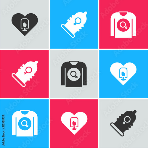Set Heart with female, Condom and Feminist shirt icon. Vector