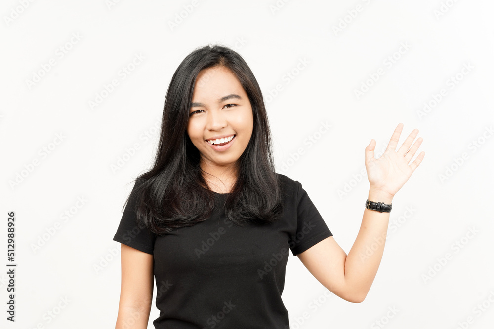Hi Greeting or Waving at Camera of Beautiful Asian Woman Isolated On White Background Hi Greeting or Waving at Camera of Beautiful Asian Woman Isolated On White Background