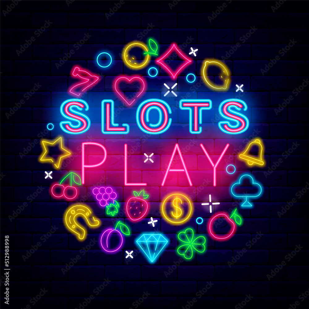 Slots play neon circle layout with headline text. Jackpot concept. Casino sign with icons. Vector stock illustration