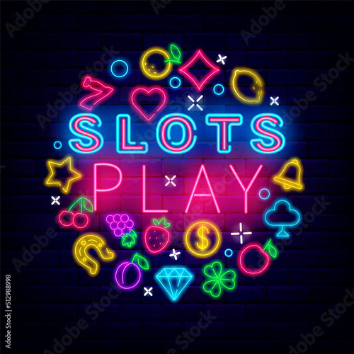 Slots play neon circle layout with headline text. Jackpot concept. Casino sign with icons. Vector stock illustration