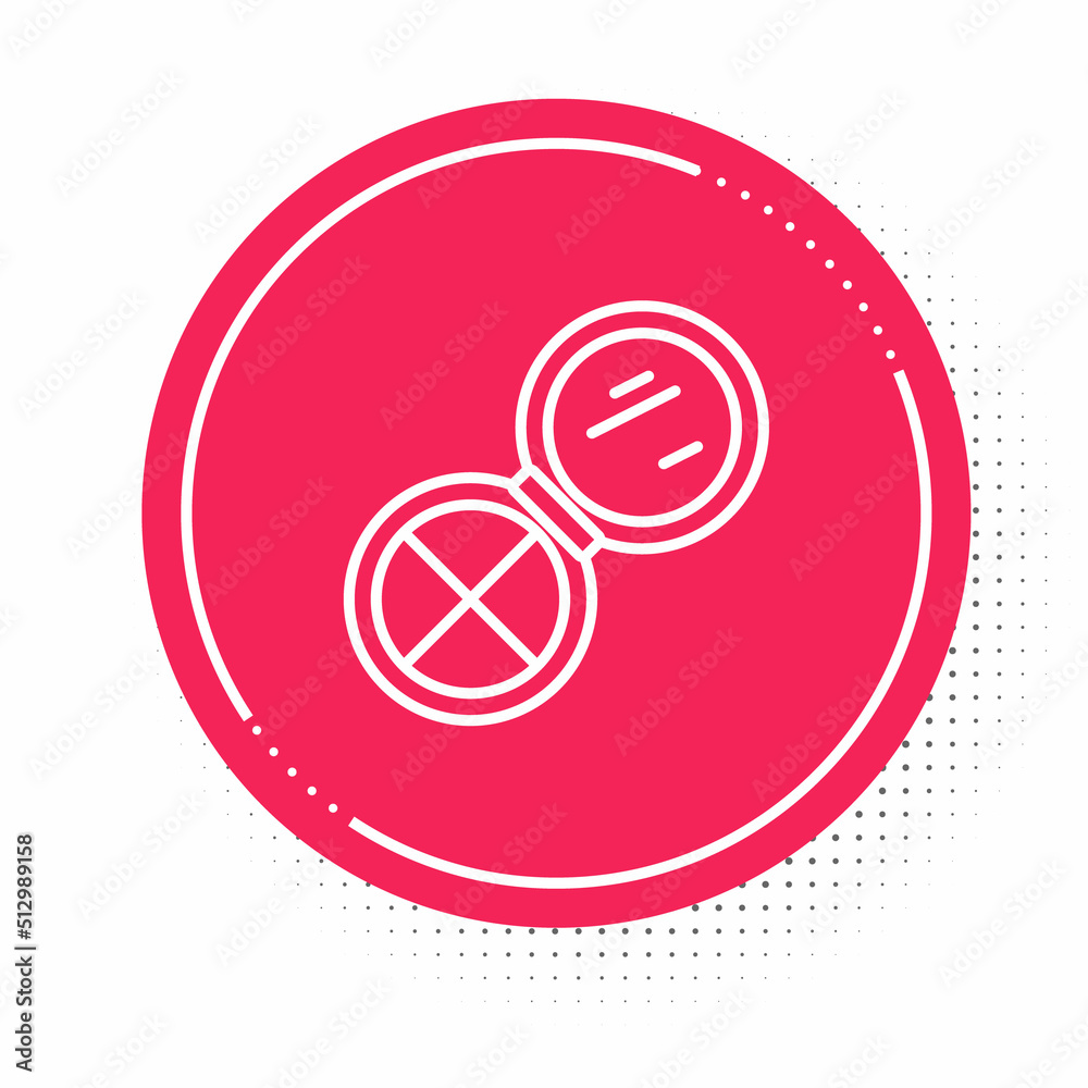 White line Makeup powder with mirror icon isolated on white background. Red circle button. Vector White line Makeup powder with mirror icon isolated on white background. Red circle button. Vector