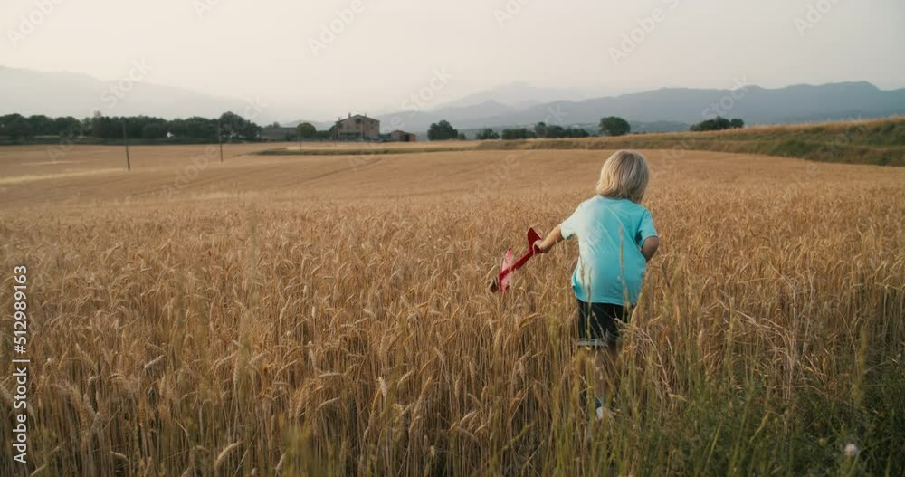 Child play with toy airplane on wheat field at sunset in countryside. Carefree children take model aircraft from harvest on meadow. Concept of dreams and village life on summer Child play with toy airplane on wheat field at sunset in countryside. Carefree children take model aircraft from harvest on meadow. Concept of dreams and village life on summer