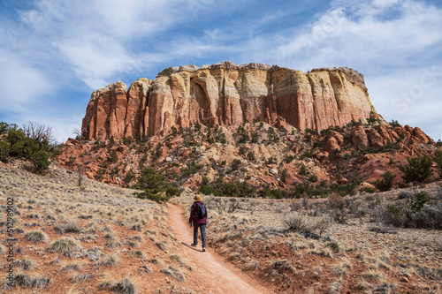USA, New Mexico, Abiquiu, Rear view of female hiker near mesa in desert landscape