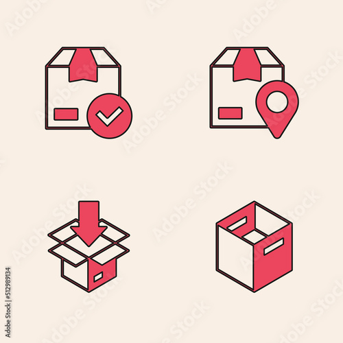 Set Carton cardboard box, ackage with check mark, Location and icon. Vector photo