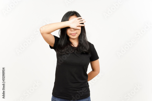Covering Eyes With Arms of Beautiful Asian Woman Isolated On White Background