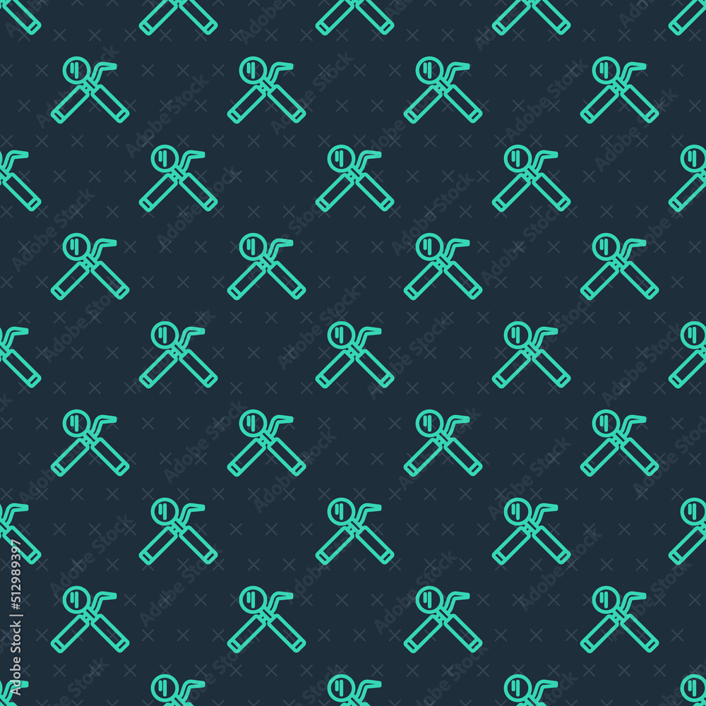 Green line Dental inspection mirror and probe icon isolated seamless pattern on blue background. Explorer scaler. Tool dental checkup. Vector Green line Dental inspection mirror and probe icon isolated seamless pattern on blue background. Explorer scaler. Tool dental checkup. Vector