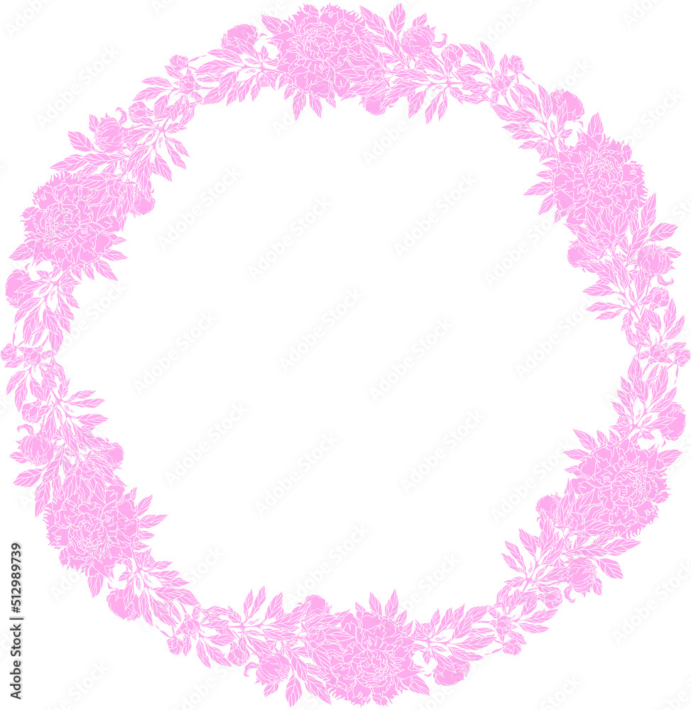 Vector wreath of flowers: light pink peonies, buds, leaves in pink color. Light, tender design for card, wedding invitation with empty place for text, poster, plate.