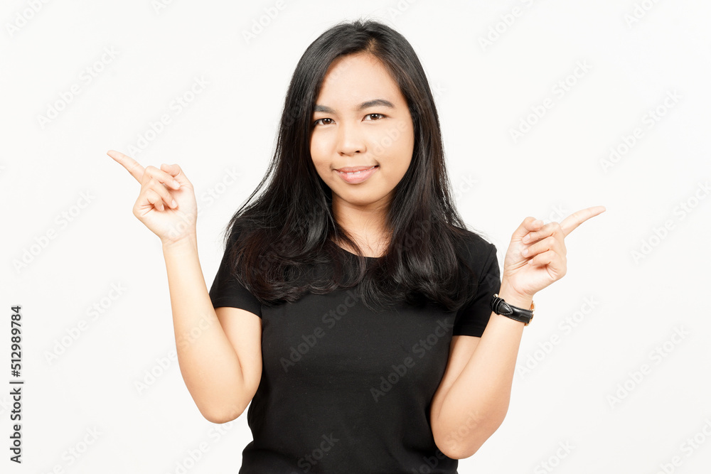 Pointing two Product with forefinger of Beautiful Asian Woman Isolated On White Background Pointing two Product with forefinger of Beautiful Asian Woman Isolated On White Background