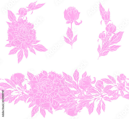 Vector floral set in light pink color. Peonies flowers, buds, leaves. Nice bouquet, seamless line ornament. Elements for design card, poster, wedding invitation, print.