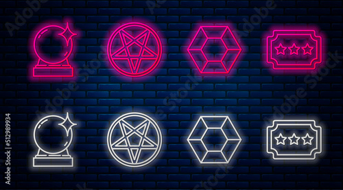 Set line Pentagram in a circle, Magic stone, Magic ball and Ticket. Glowing neon icon on brick wall. Vector