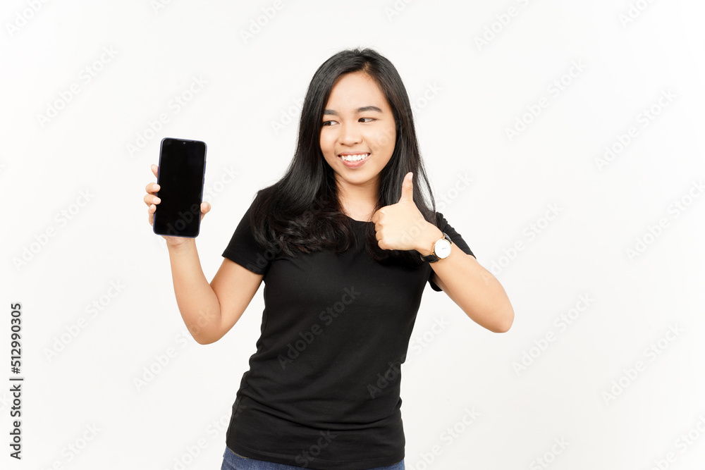 Showing Apps or Ads On Blank Screen Smartphone of Beautiful Asian Woman Isolated On White Background Showing Apps or Ads On Blank Screen Smartphone of Beautiful Asian Woman Isolated On White Background