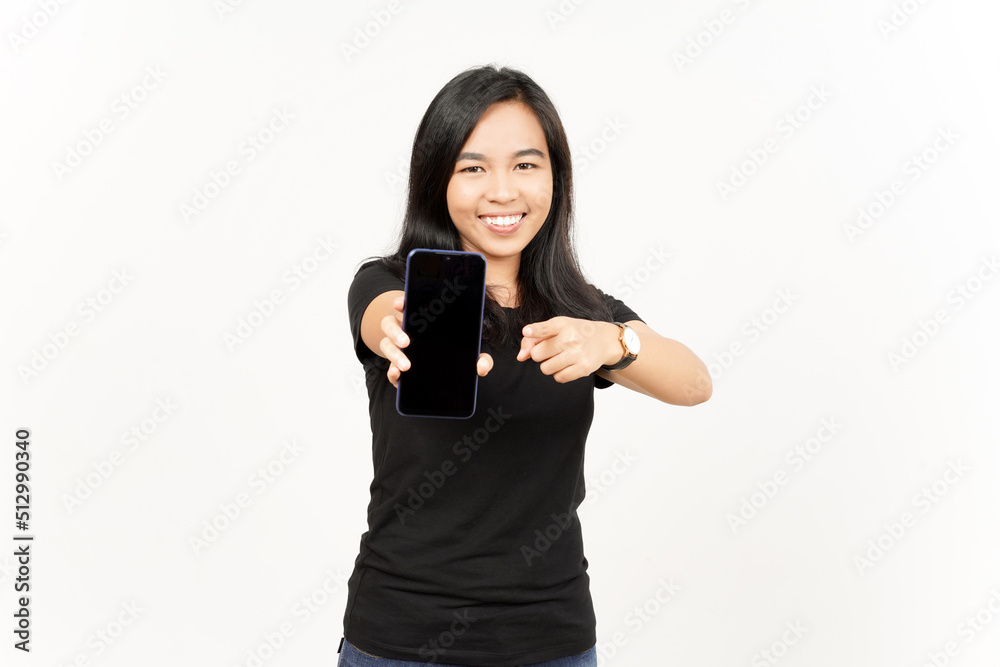 Showing Apps or Ads On Blank Screen Smartphone of Beautiful Asian Woman Isolated On White Background