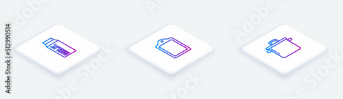 Set Isometric line Paper package for milk, Cutting board and Cooking pot. White square button. Vector