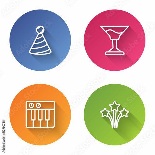 Set line Party hat, Cocktail, Music synthesizer and Firework. Color circle button. Vector