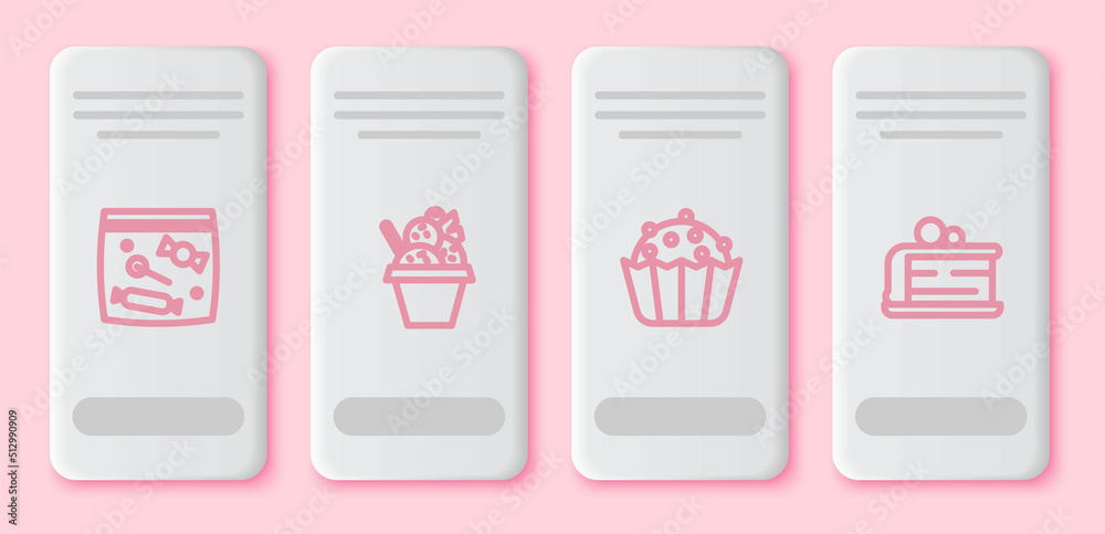 Set line Candy packaging for sweets, Ice cream bowl, Cupcake and Piece of. White rectangle button. Vector