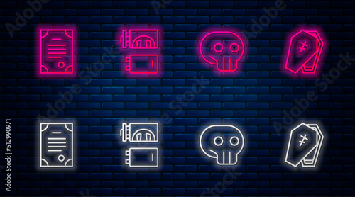 Set line Crematorium, Skull, Death certificate and Coffin with cross. Glowing neon icon on brick wall. Vector
