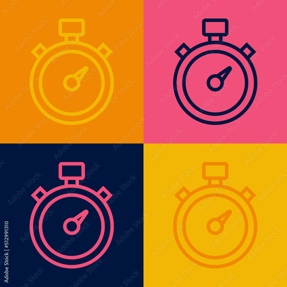 Pop art line Stopwatch icon isolated on color background. Time timer sign. Chronometer sign. Vector