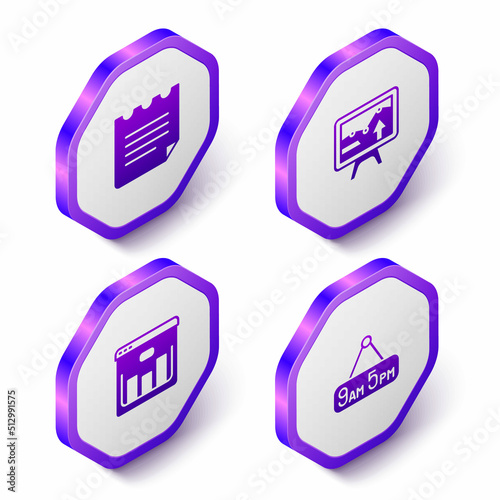 Set Isometric Notebook, Monitor with graph chart, Browser stocks market and From 9 5 job icon. Purple hexagon button. Vector