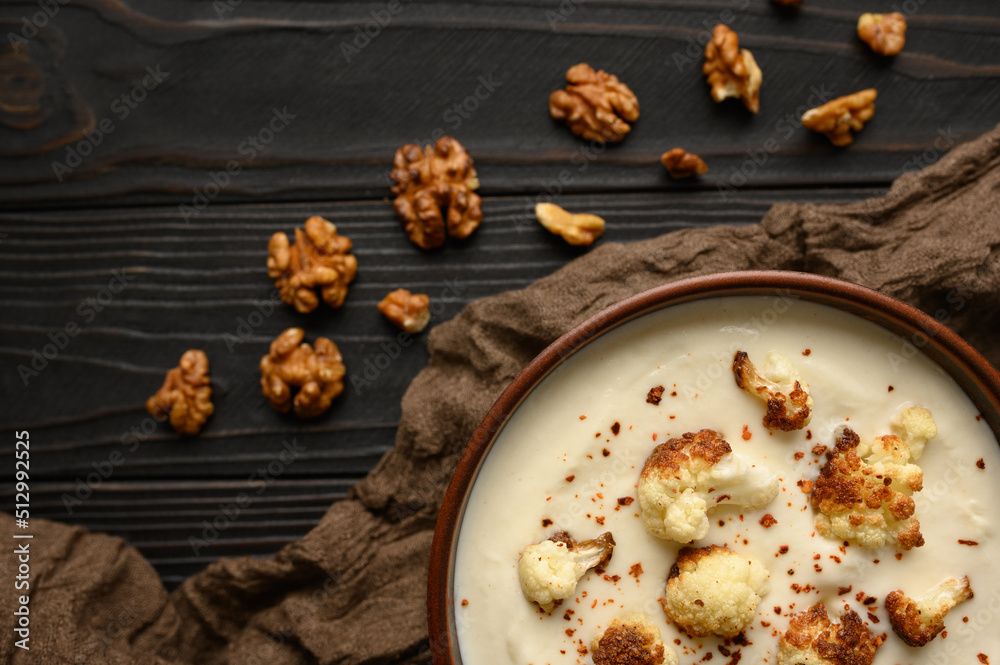Creamy cauliflower soup with fried cauliflower and croutons. Creamy cauliflower soup with fried cauliflower and croutons.