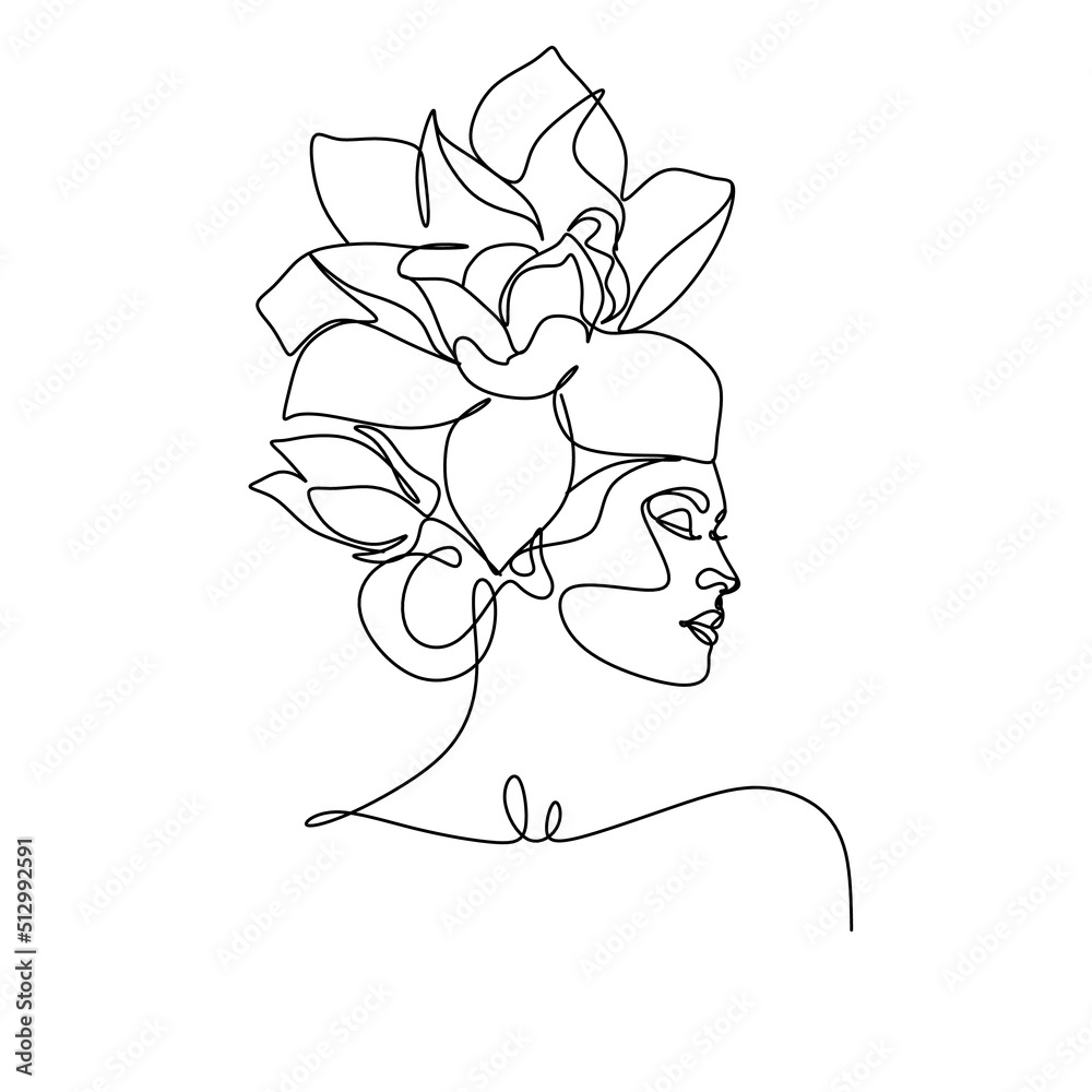 Line Art Woman Face with Flowers Continuous One Line Drawing. Female ...