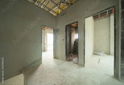 Empty under construction room in home or house with space on site. Interior. Old unfurnished room rental property, living space units. lifestyle. Renovation.