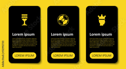 Set King crown, Round shield and Medieval goblet. Business infographic template. Vector