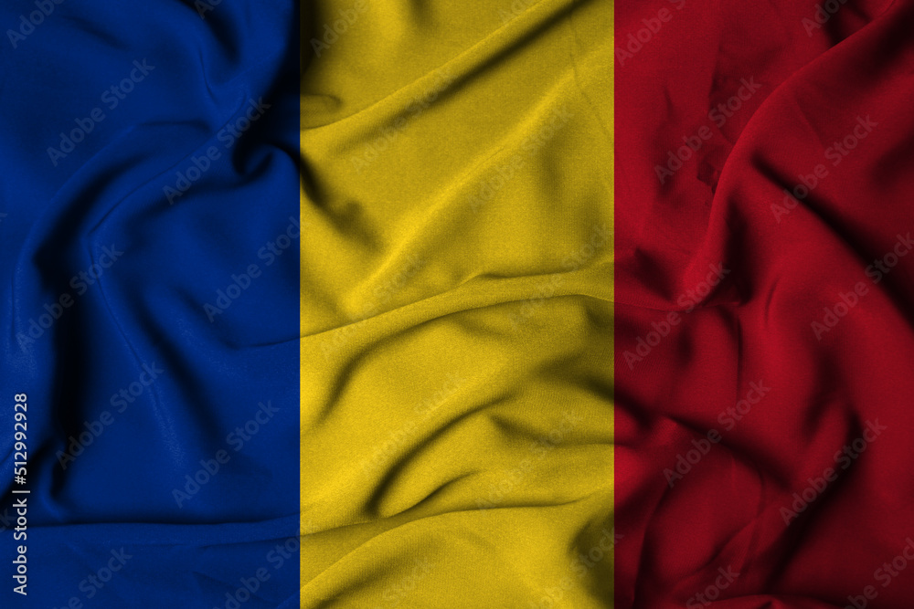 Selective focus Romanian flag, with waving fabric texture. 3D illustration Selective focus Romanian flag, with waving fabric texture. 3D illustration