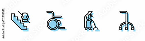 Set line Grandmother, Disabled elevator, Wheelchair and Walking stick cane icon. Vector