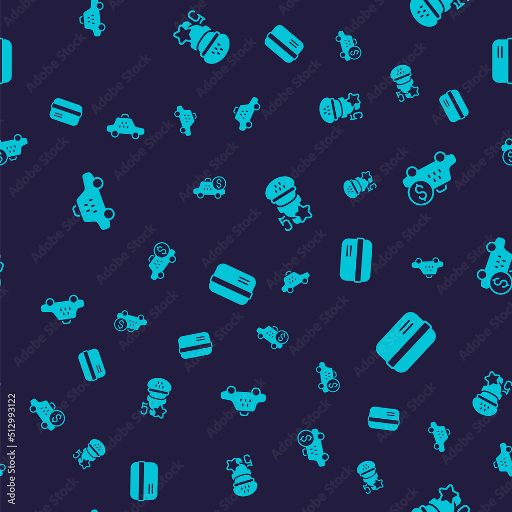 Set Taxi car, Taximeter device, service rating and Credit card on seamless pattern. Vector