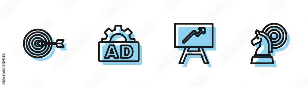Set line Board with graph chart, Target, Advertising and Chess icon. Vector Set line Board with graph chart, Target, Advertising and Chess icon. Vector