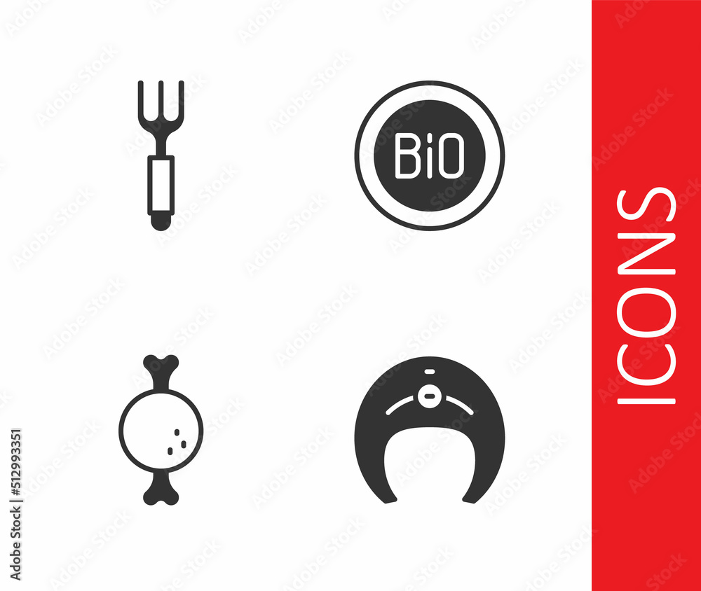 Fototapeta premium Set Fish steak, Fork, Chicken leg and Banner for bio icon. Vector