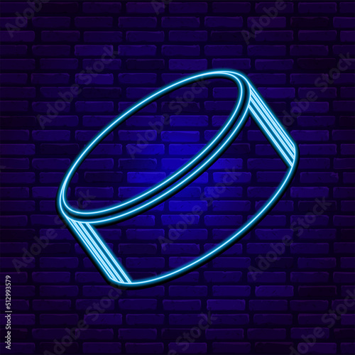 Hockey puck silhouette neon icon. Hockey equipment. 