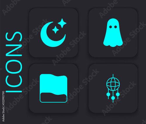 Set Dream catcher with feathers, Moon and stars, Ghost and Pillow icon. Black square button. Vector