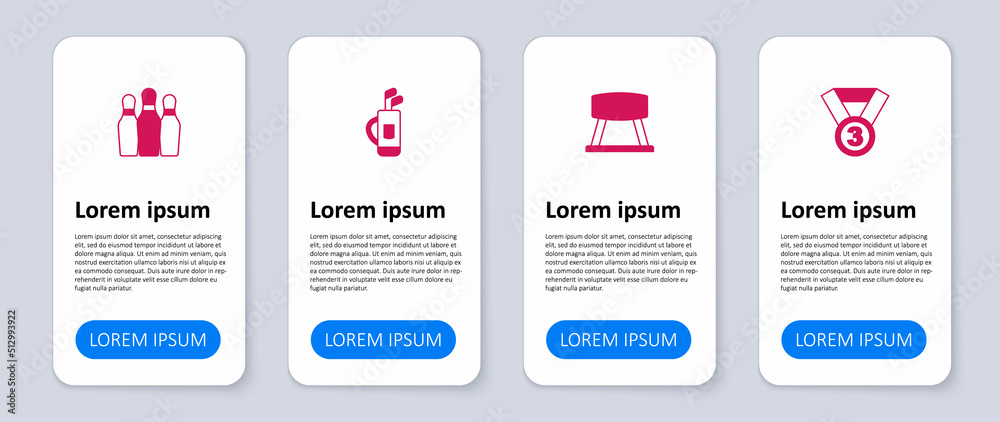 Set Medal, Pommel horse, Golf bag with clubs and Bowling pin. Business infographic template. Vector Set Medal, Pommel horse, Golf bag with clubs and Bowling pin. Business infographic template. Vector