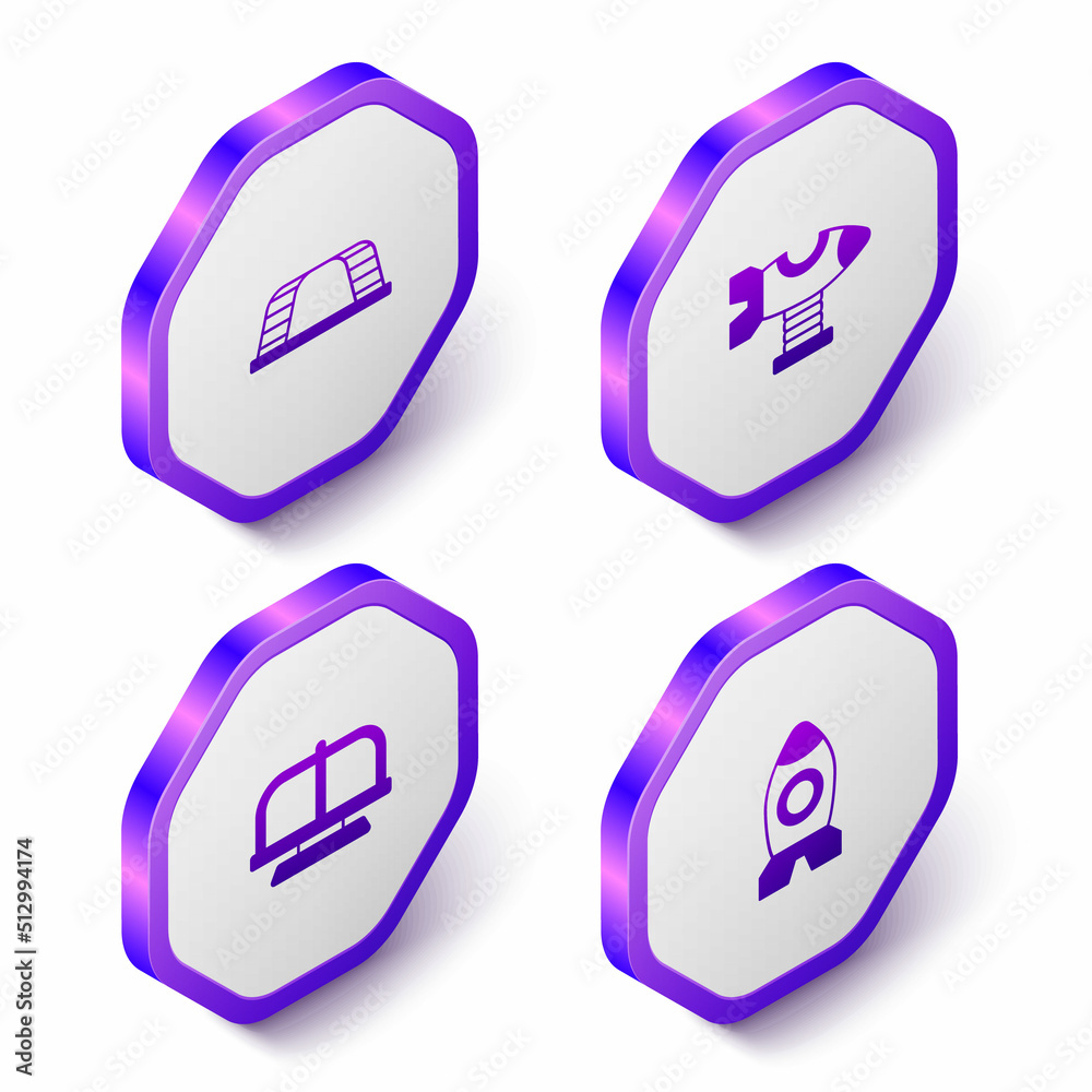 Set Isometric Monkey bar, Swing plane, Attraction carousel and Rocket ship toy icon. Purple hexagon button. Vector Set Isometric Monkey bar, Swing plane, Attraction carousel and Rocket ship toy icon. Purple hexagon button. Vector