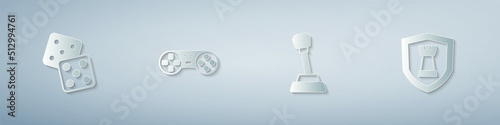 Set Game dice, controller or joystick, Gear shifter and Chess shield. Paper art style. Vector