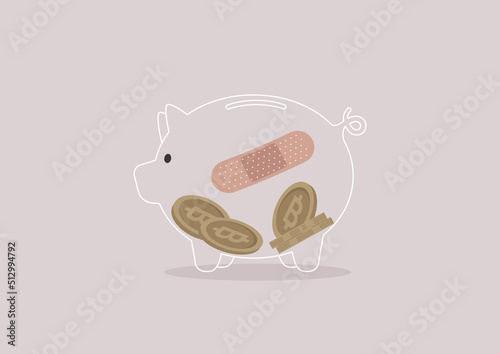 A transparent crypto piggy bank with bitcoins inside and patched with an adhesive tape on the outer side, a cryptocurrency market economical crisis, savings account