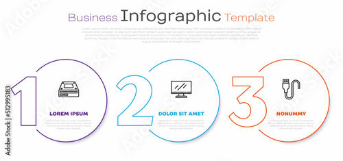 Set line Optical disc drive, Computer monitor screen and USB cable cord. Business infographic template. Vector