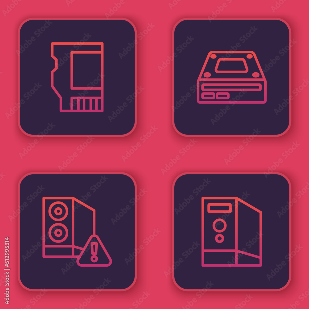 Set line SD card, Case of computer, Optical disc drive and . Blue square button. Vector Set line SD card, Case of computer, Optical disc drive and . Blue square button. Vector