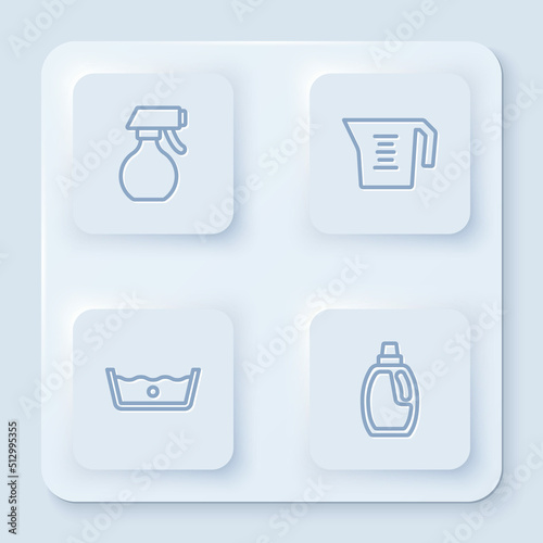 Set line Water spray bottle, Measuring cup, Temperature wash and Bottle for cleaning agent. White square button. Vector