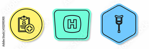 Set line Patient record, Hospital signboard and Crutch crutches. Colored shapes. Vector