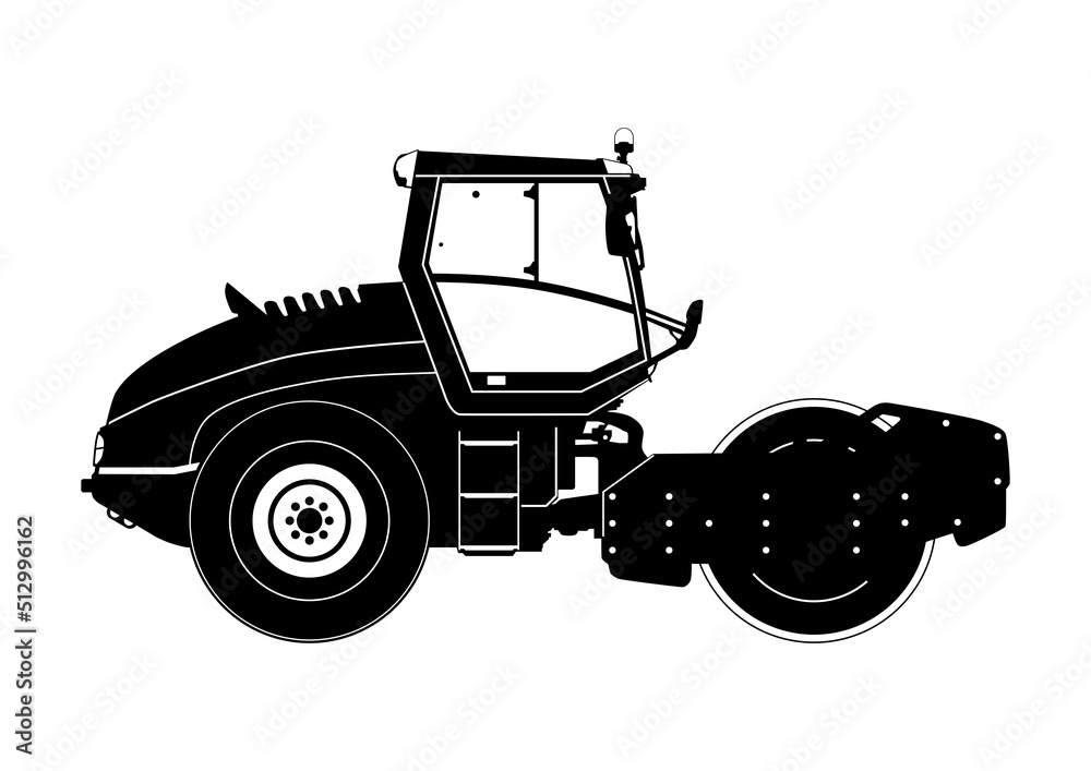Single drum compactor. Silhouette of road roller. Vector.
