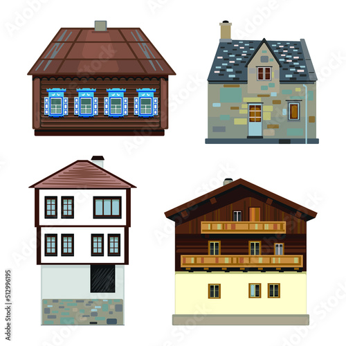 A set featuring four classic country houses of different nations. Slavic, British, Turkish and Alpine cottages