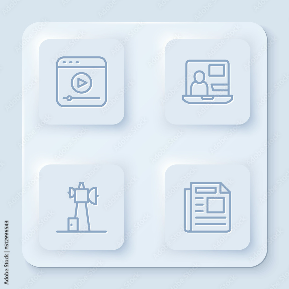 Set line Live stream, World news, Antenna and News. White square button. Vector Set line Live stream, World news, Antenna and News. White square button. Vector