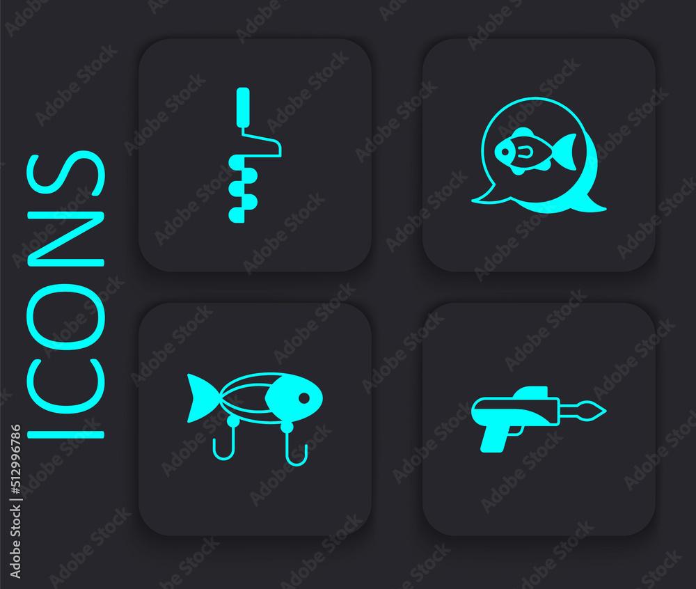 Set Fishing harpoon, Hand ice drill, and lure icon. Black square button. Vector Set Fishing harpoon, Hand ice drill, and lure icon. Black square button. Vector