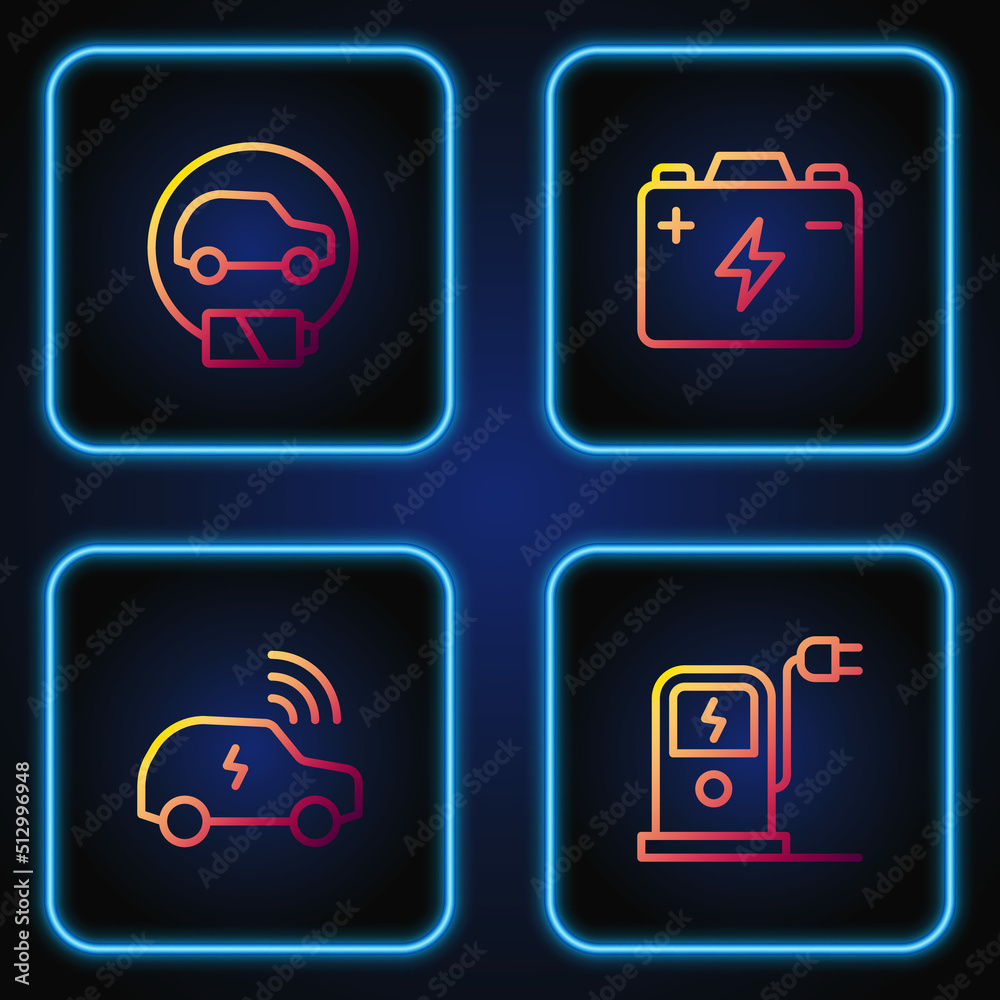 Set line Electric car charging station, Smart system, and Car battery. Gradient color icons. Vector Set line Electric car charging station, Smart system, and Car battery. Gradient color icons. Vector